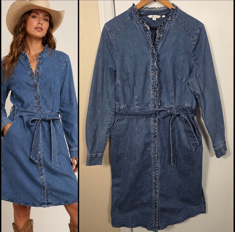 Boden Blue Denim Midi Shirt Dress Size 12 Belted Button Front Classic Denim Look